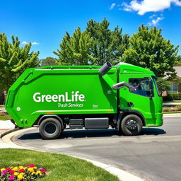 An advanced electric garbage truck in a striking green color, prominently displaying the name "GreenLife Trash Services" on its side in bold white lettering