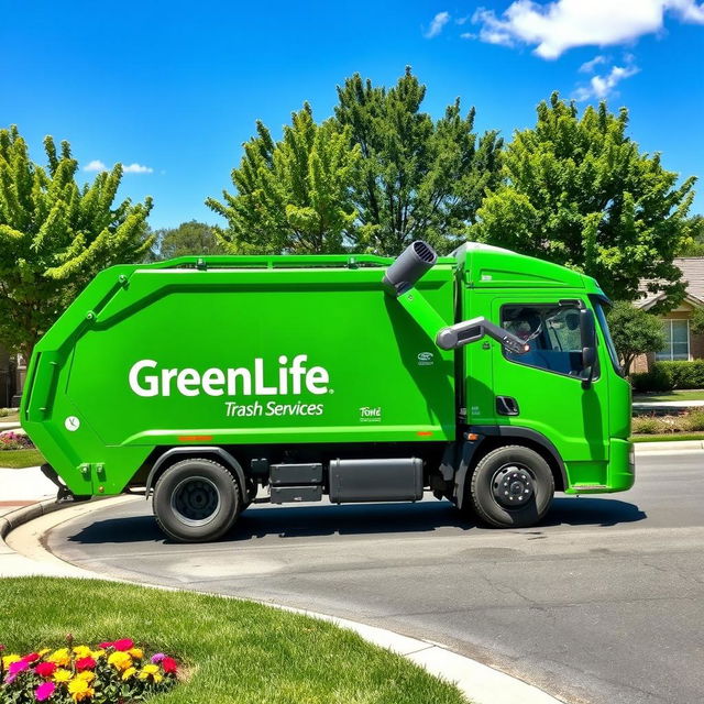 An advanced electric garbage truck in a striking green color, prominently displaying the name "GreenLife Trash Services" on its side in bold white lettering