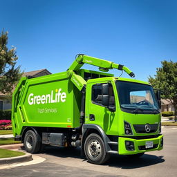 An advanced electric garbage truck in a striking green color, prominently displaying the name "GreenLife Trash Services" on its side in bold white lettering