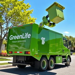 An advanced electric garbage truck in a striking green color, prominently displaying the name "GreenLife Trash Services" on its side in bold white lettering