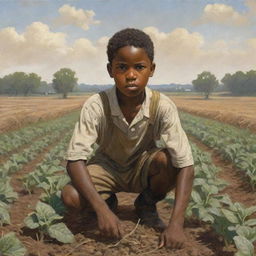 A poignant illustration showing a young African American boy laboring hard in a field, his young face showing determination and resilience, a scene historically significant.