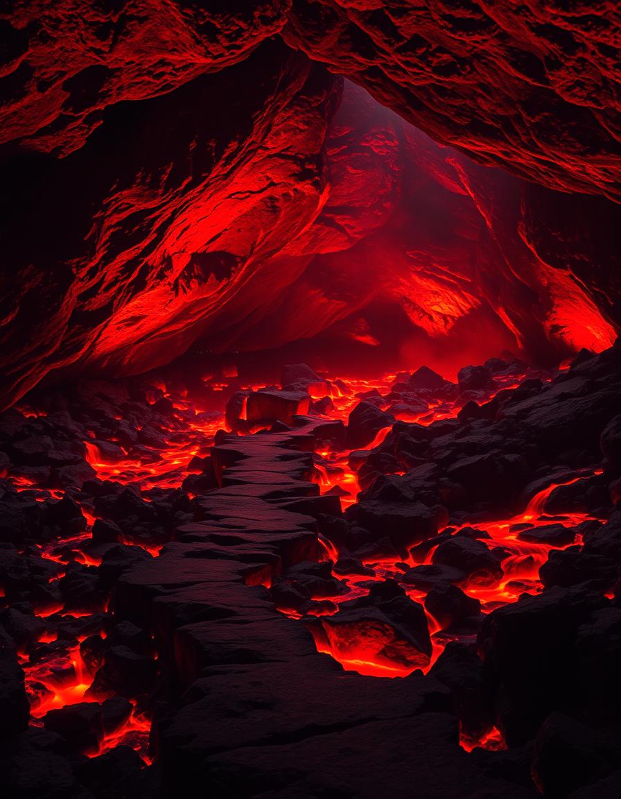 A stunning volcanic cave scene with a winding path leading through vibrant red lava flowing across the rocky terrain