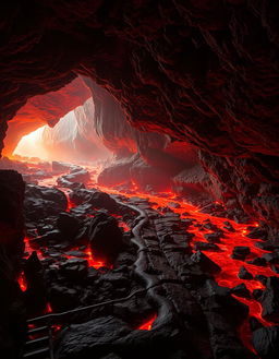 A stunning volcanic cave scene with a winding path leading through vibrant red lava flowing across the rocky terrain