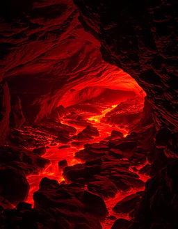 A stunning volcanic cave scene with a winding path leading through vibrant red lava flowing across the rocky terrain