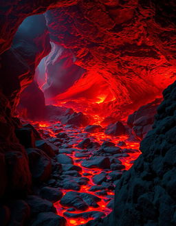 A stunning volcanic cave scene with a winding path leading through vibrant red lava flowing across the rocky terrain