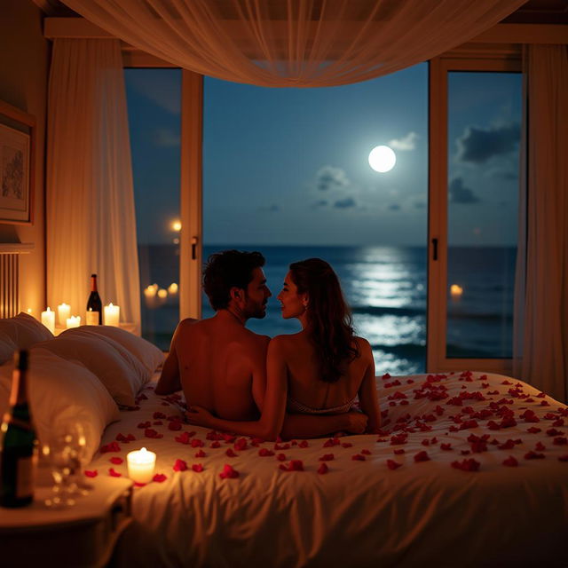 A romantic honeymoon night scene featuring a beautifully decorated bedroom with soft, dim lighting