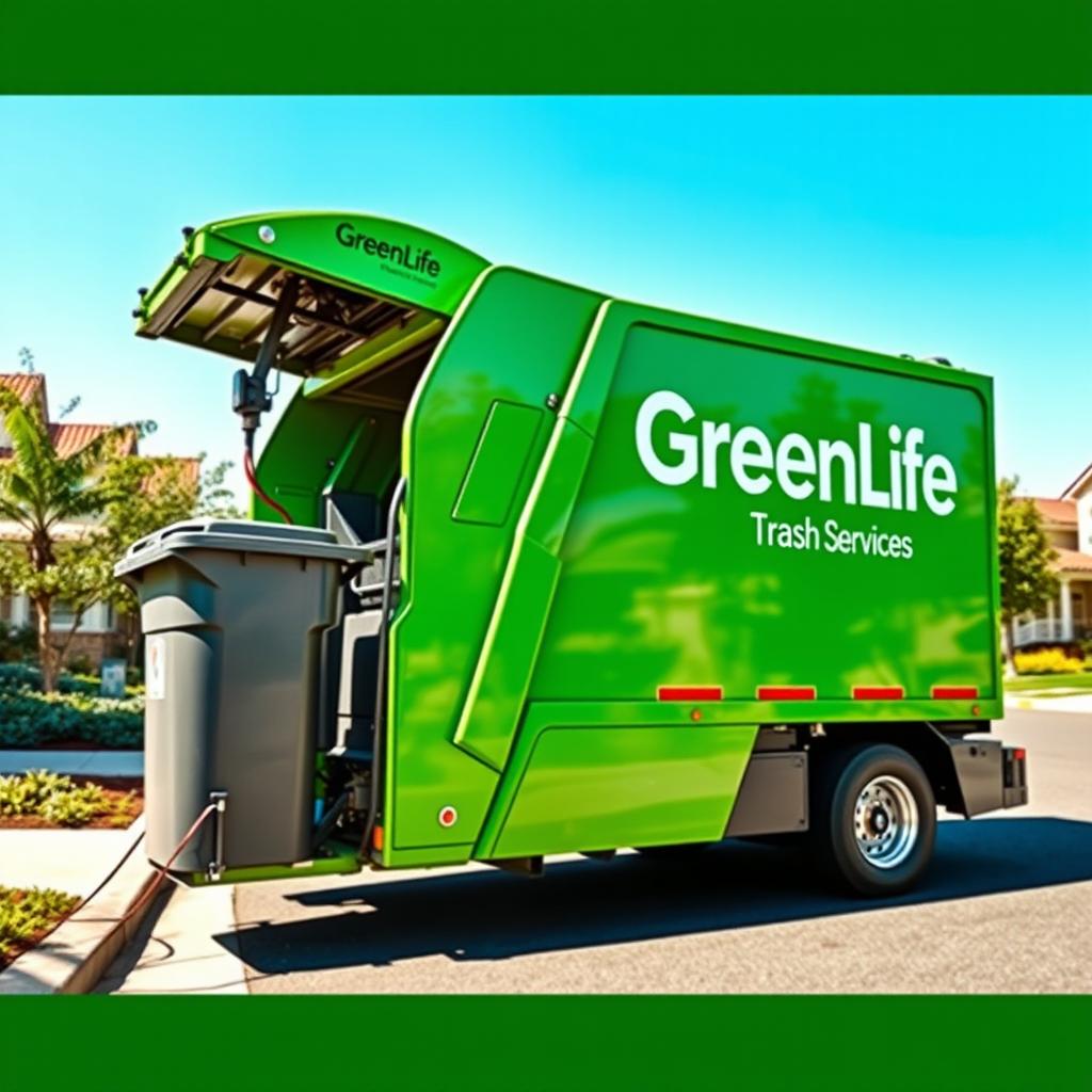 A high-tech electric garbage truck in a vibrant green color, prominently showcasing the name "GreenLife Trash Services" on its side in bold white lettering