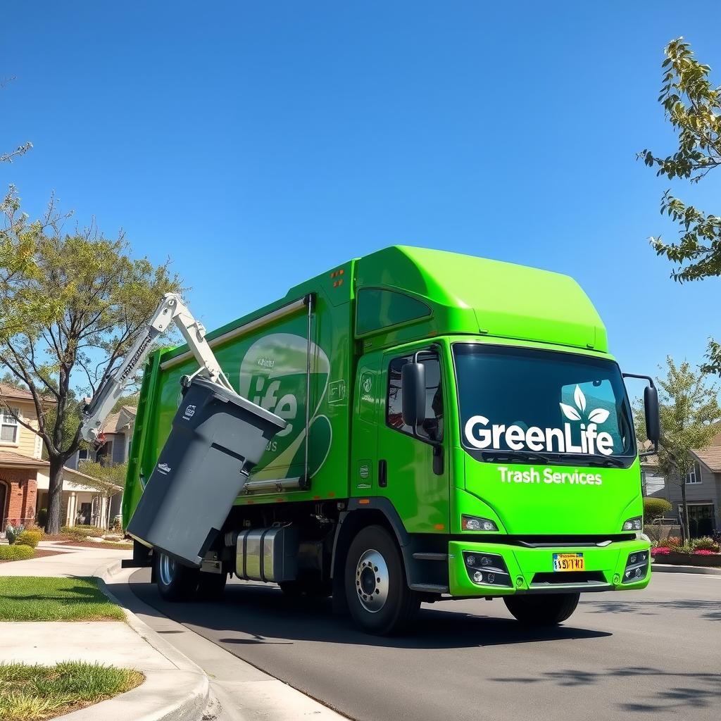 A high-tech electric garbage truck in a vibrant green color, prominently showcasing the name "GreenLife Trash Services" on its side in bold white lettering