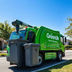 A high-tech electric garbage truck in a vibrant green color, prominently showcasing the name "GreenLife Trash Services" on its side in bold white lettering