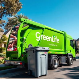 A high-tech electric garbage truck in a vibrant green color, prominently showcasing the name "GreenLife Trash Services" on its side in bold white lettering