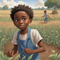 A moving children's book-style cartoon thumbnail image showcasing a young African American boy laboring strenuously in a field. Despite the hardship, a spark of unwavering spirit shines in his eyes.