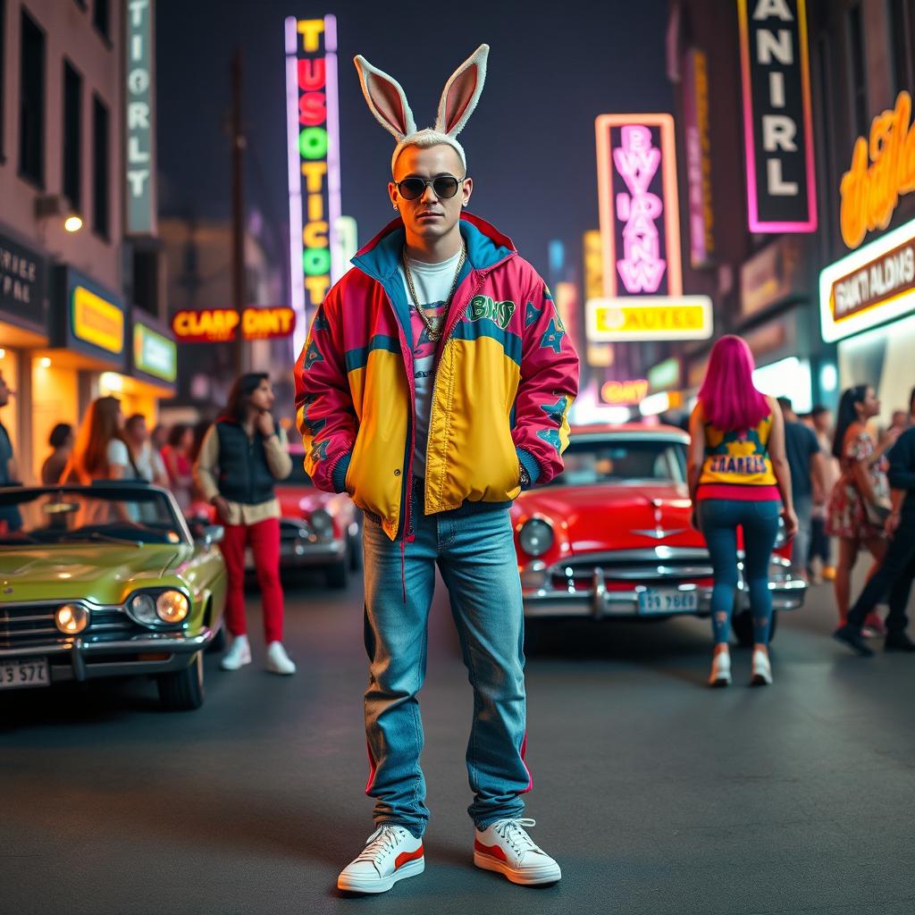 Bad Bunny, a charismatic reggaeton artist, styled in vibrant 80s fashion, standing in a lively street scene that captures the essence of the 1980s