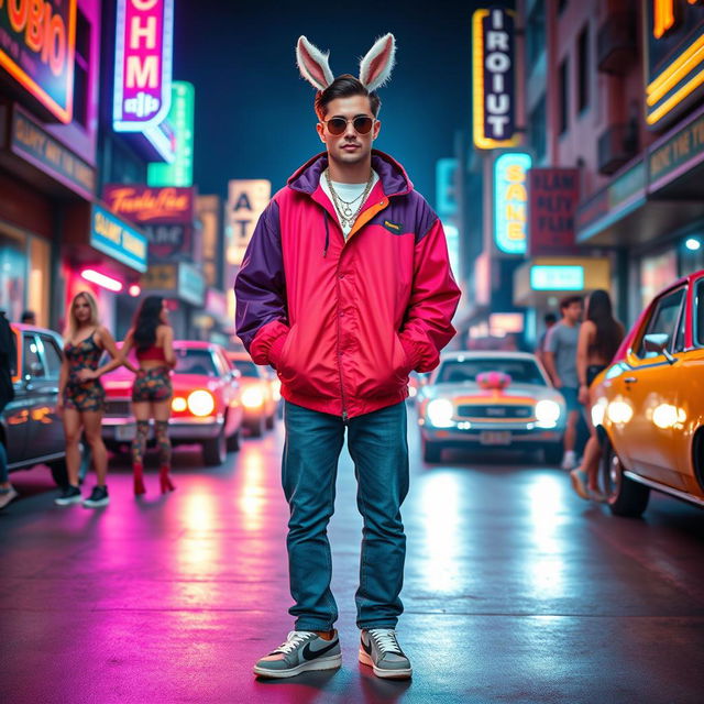 Bad Bunny, a charismatic reggaeton artist, styled in vibrant 80s fashion, standing in a lively street scene that captures the essence of the 1980s