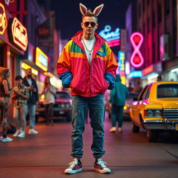 Bad Bunny, a charismatic reggaeton artist, styled in vibrant 80s fashion, standing in a lively street scene that captures the essence of the 1980s