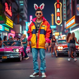 Bad Bunny, a charismatic reggaeton artist, styled in vibrant 80s fashion, standing in a lively street scene that captures the essence of the 1980s