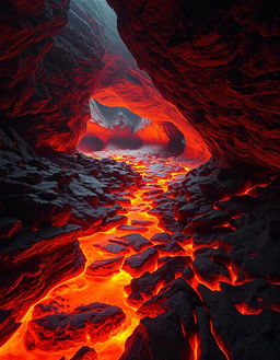 A captivating volcanic cave scene featuring a winding path through bright orange lava flowing across rugged rocky terrain