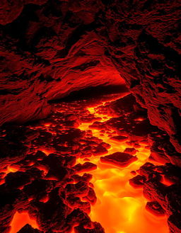 A captivating volcanic cave scene featuring a winding path through bright orange lava flowing across rugged rocky terrain