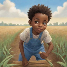 A moving children's book-style cartoon thumbnail image showcasing a young African American boy laboring strenuously in a field. Despite the hardship, a spark of unwavering spirit shines in his eyes.