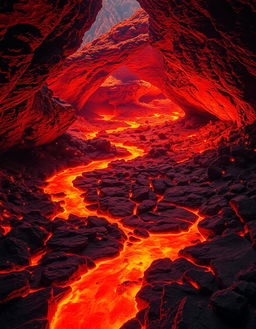 A captivating volcanic cave scene featuring a winding path through bright orange lava flowing across rugged rocky terrain