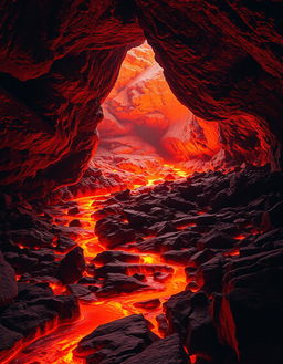 A captivating volcanic cave scene featuring a winding path through bright orange lava flowing across rugged rocky terrain