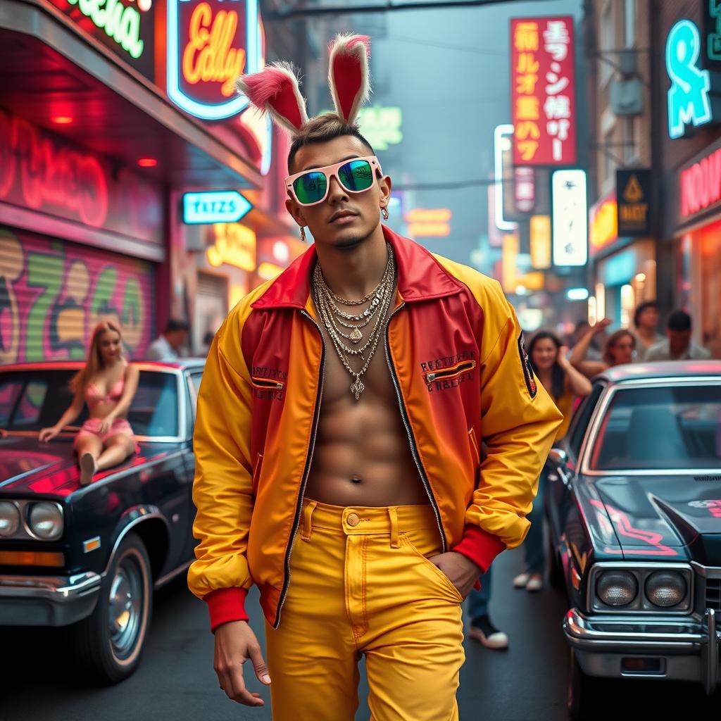 A vibrant street scene depicting the famous singer Bad Bunny emulating a retro 1980s look, wearing colorful sunglasses, a flashy bomber jacket, and high-waisted jeans