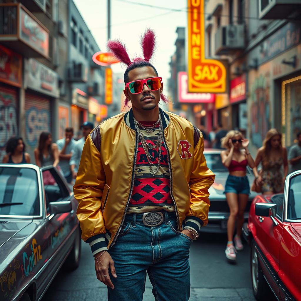 A vibrant street scene depicting the famous singer Bad Bunny emulating a retro 1980s look, wearing colorful sunglasses, a flashy bomber jacket, and high-waisted jeans