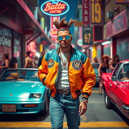 A vibrant street scene depicting the famous singer Bad Bunny emulating a retro 1980s look, wearing colorful sunglasses, a flashy bomber jacket, and high-waisted jeans