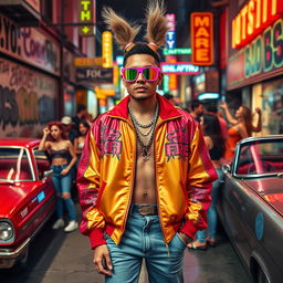 A vibrant street scene depicting the famous singer Bad Bunny emulating a retro 1980s look, wearing colorful sunglasses, a flashy bomber jacket, and high-waisted jeans