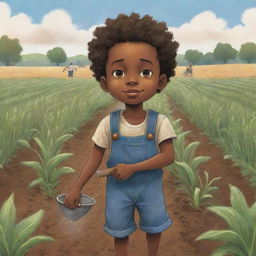 A moving children's book-style cartoon thumbnail image showcasing a young African American boy laboring strenuously in a field. Despite the hardship, a spark of unwavering spirit shines in his eyes.