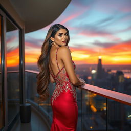 A stunningly beautiful woman in an elegant evening gown, exuding confidence and allure