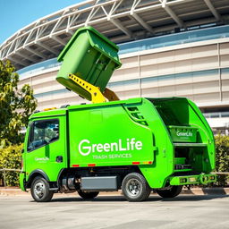 An electric garbage truck painted in a vibrant green color, prominently displaying the logo and text 'GreenLife Trash Services' on its side