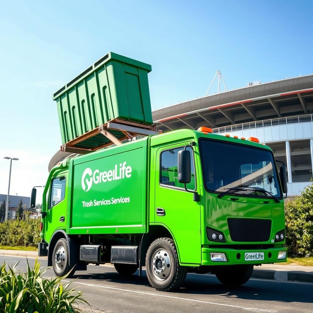 An electric garbage truck painted in a vibrant green color, prominently displaying the logo and text 'GreenLife Trash Services' on its side