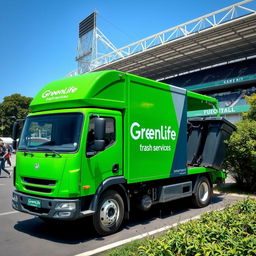 An electric garbage truck painted in a vibrant green color, prominently displaying the logo and text 'GreenLife Trash Services' on its side