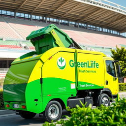 An electric garbage truck painted in a vibrant green color, prominently displaying the logo and text 'GreenLife Trash Services' on its side