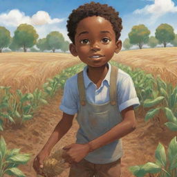 A moving children's book-style cartoon thumbnail image showcasing a young African American boy laboring strenuously in a field. Despite the hardship, a spark of unwavering spirit shines in his eyes.