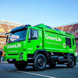 A powerful electric front loader garbage truck in a vivid green color, prominently displaying the name "GreenLife Trash Services" on the side in bold white lettering