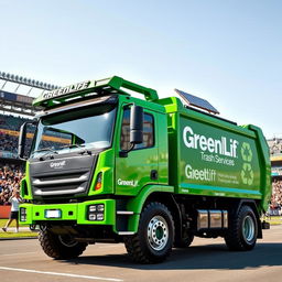 A powerful electric front loader garbage truck in a vivid green color, prominently displaying the name "GreenLife Trash Services" on the side in bold white lettering