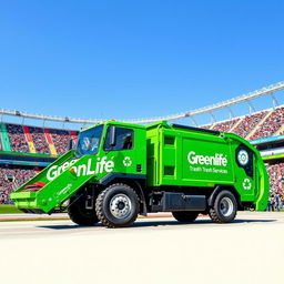 A powerful electric front loader garbage truck in a vivid green color, prominently displaying the name "GreenLife Trash Services" on the side in bold white lettering