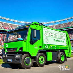 A powerful electric front loader garbage truck in a vivid green color, prominently displaying the name "GreenLife Trash Services" on the side in bold white lettering