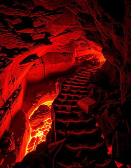 A dramatic volcanic cave scene featuring a winding path above bright orange lava, illuminated by vibrant orange light