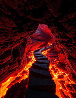 A dramatic volcanic cave scene featuring a winding path above bright orange lava, illuminated by vibrant orange light