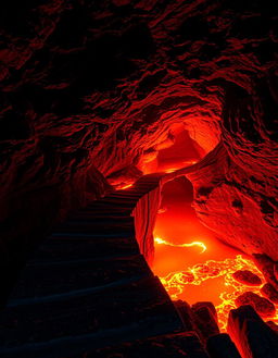 A dramatic volcanic cave scene featuring a winding path above bright orange lava, illuminated by vibrant orange light