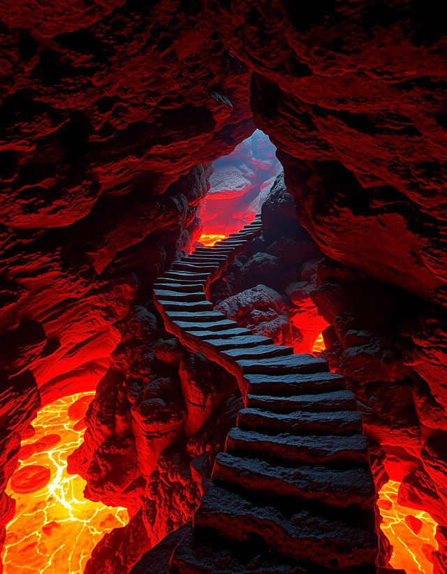 A dramatic volcanic cave scene featuring a winding path above bright orange lava, illuminated by vibrant orange light