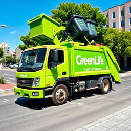 A state-of-the-art electric front loader garbage truck in a bright green color, prominently featuring the name "GreenLife Trash Services" on its side in bold white lettering