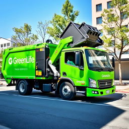 A state-of-the-art electric front loader garbage truck in a bright green color, prominently featuring the name "GreenLife Trash Services" on its side in bold white lettering