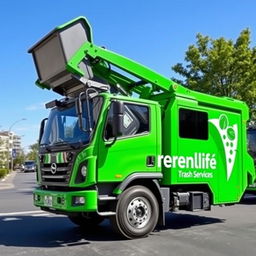 A state-of-the-art electric front loader garbage truck in a bright green color, prominently featuring the name "GreenLife Trash Services" on its side in bold white lettering