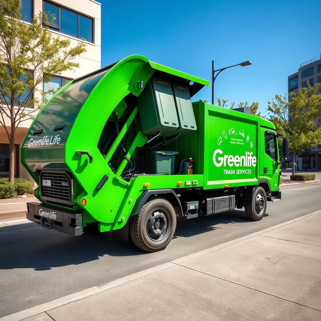 A state-of-the-art electric front loader garbage truck in a bright green color, prominently featuring the name "GreenLife Trash Services" on its side in bold white lettering