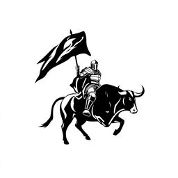 A striking silhouette logo of a knight in armor holding a flag while riding a bull, both facing forward