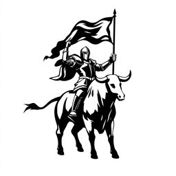 A striking silhouette logo of a knight in armor holding a flag while riding a bull, both facing forward