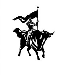 A striking silhouette logo of a knight in armor holding a flag while riding a bull, both facing forward